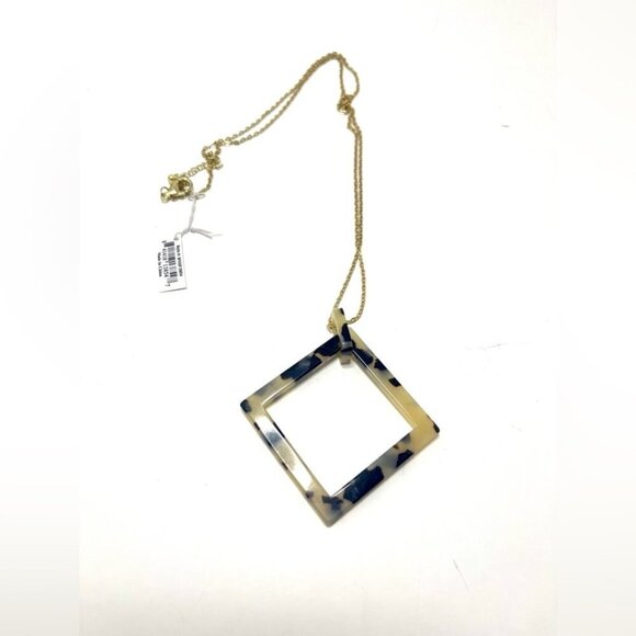 Long Tunic Chain Necklace with Modern Resin Tortoise Shell Square Pendant - Picture 2 of 4